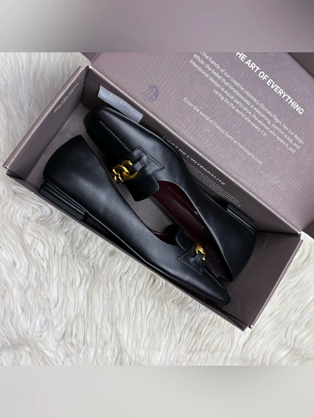 Franco Sarto Tiari Square Toe Loafer Flats Black Smooth Leather Gold Chain NEW 8